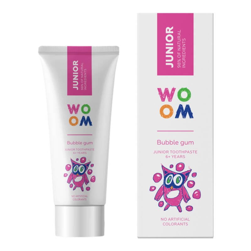 WOOM WOOM JUNIOR Bubble Gum 50ml - pasta do zębów dla dzieci o smaku gumy balonowej — Inhaltsstoffe i ocena